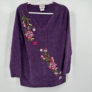 Womens Vintage Chenille Floral Sweater Size 14/16 Purple Cottagecore Cozy V Neck